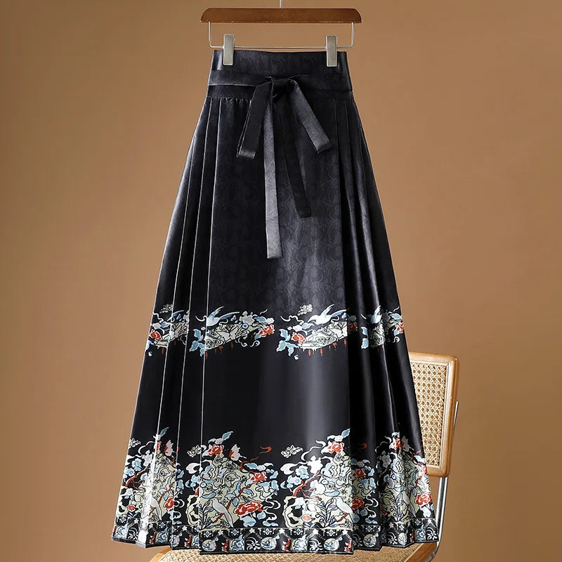 Vintage Maxi Chinese Style Horse Face Skirts  Pleated