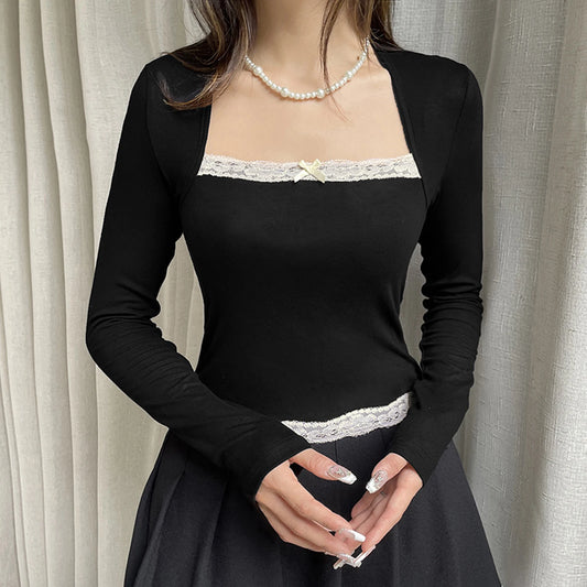 Women's Fashion Square Neck Tops Long Sleeve Elegant Lace Trim Slim Fit T-shirt