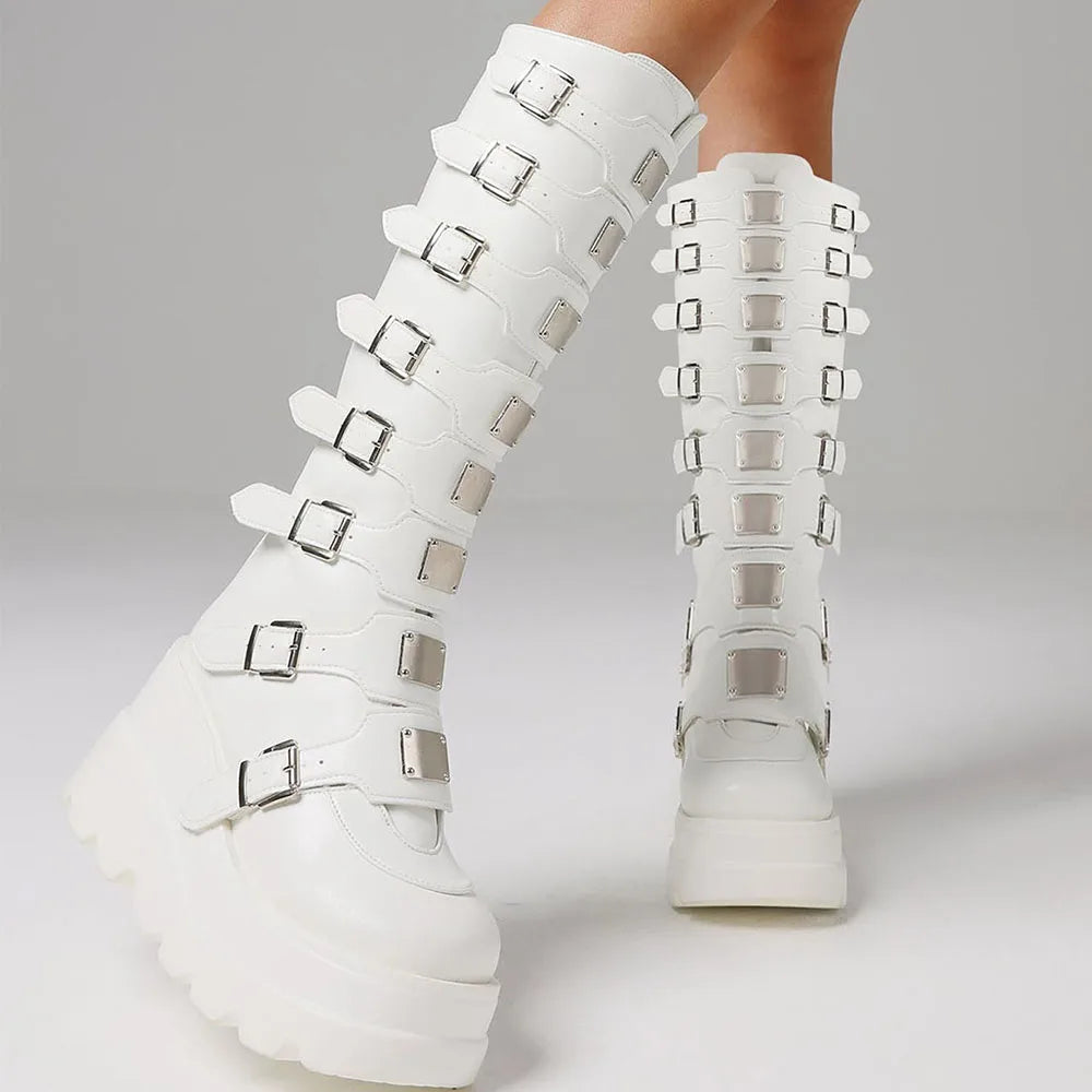 Punk Goth  Knee High Boots Round Toe Multi Metal Buckle Zipper Motorcycle Boots