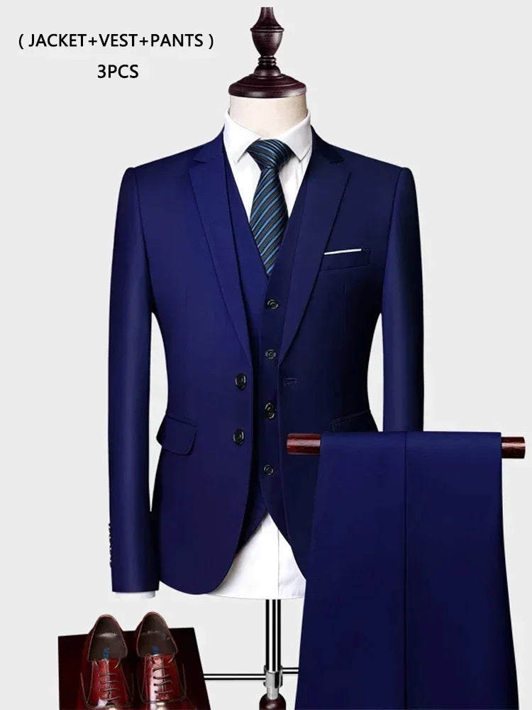 ( Jacket +Vest+ Pants ) Luxury Men's High-end Brand Solid Color Business Office Suit 3Pcs & 2Pcs Groom Wedding Party Suit Tuxedo