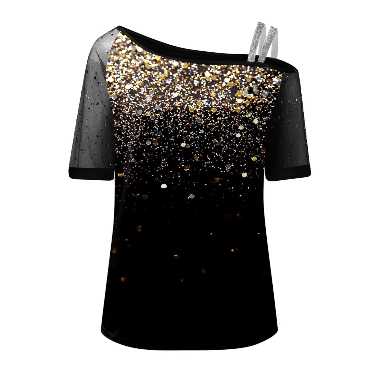 Women Fashion Top Shirt Off Shoulder Top Sexy Glitter Short Sleeve Printed Elegant Shirt Loose Blouse Top Sleeve T Shirt