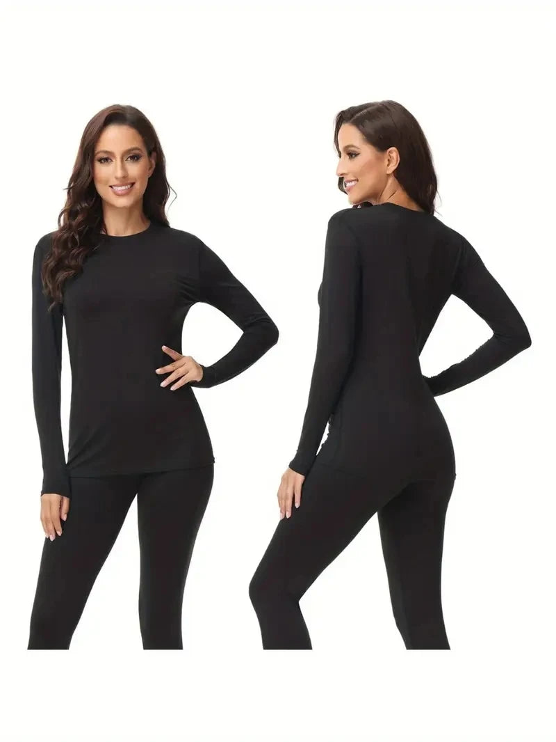 Round neck women's thermal underwear with fleece thermal underwear 2-piece se