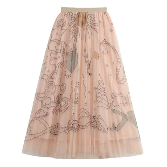 Casual Graffiti Print Pleated Midi Skirt