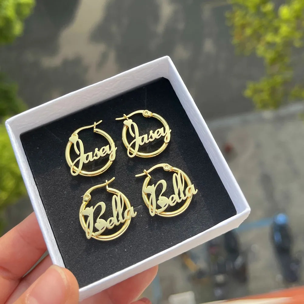 Custom Nameplate Earring Hoops 20mm 18K Gold Plated Stainless Steel Letter Round Earring