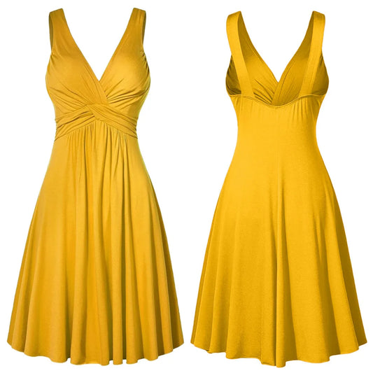 Women Solid Color Deep V-Neck Lady Retro Backless Sling Pleated Dress Wide Band Strap  Flare Skirt