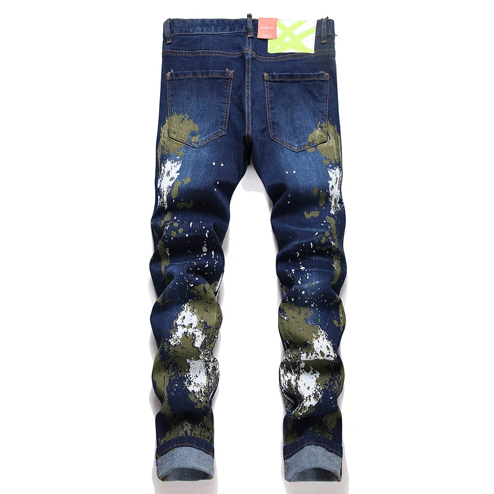 Painted Stretch Denim Jeans Streetwear Slim Tapered Pants Button Fly Blue Cotton Trousers