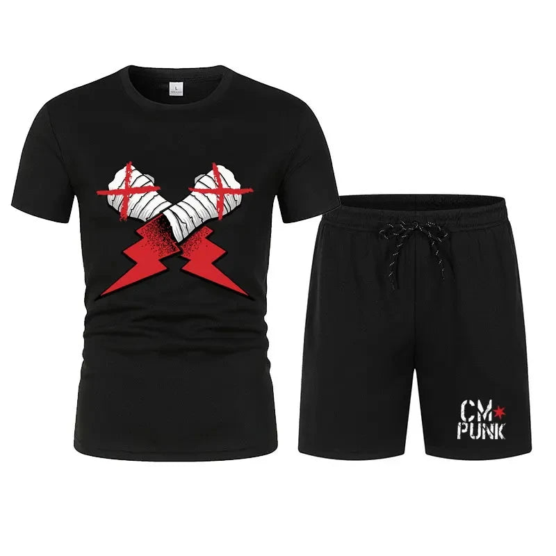 Men's black CM return punk T-shirt shorts suit summer short-sleeved men fashion comfortable loose clothing suit