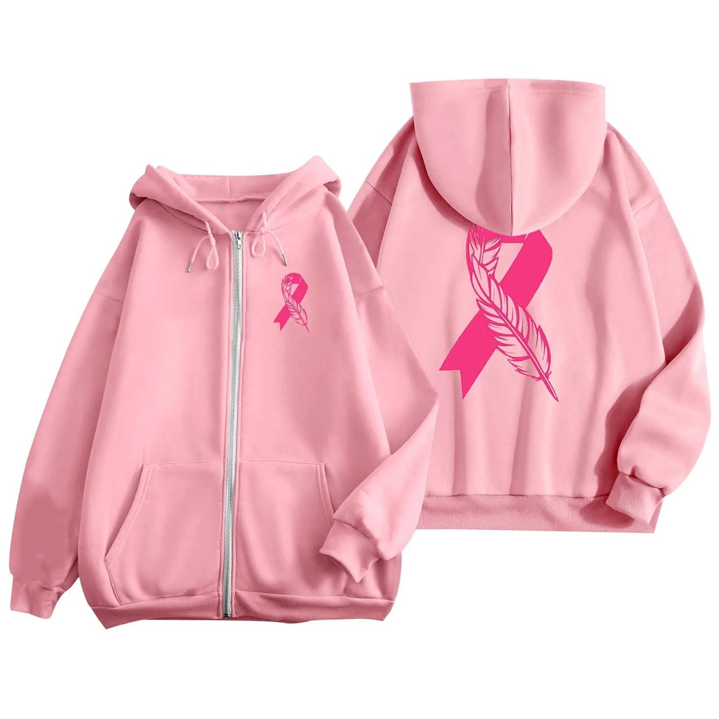 Women's Pink October Hoodies Breast Cancer Awareness Ribbon Feather Print Zipper Sweatshirts Long Sleeve Women Hoodies