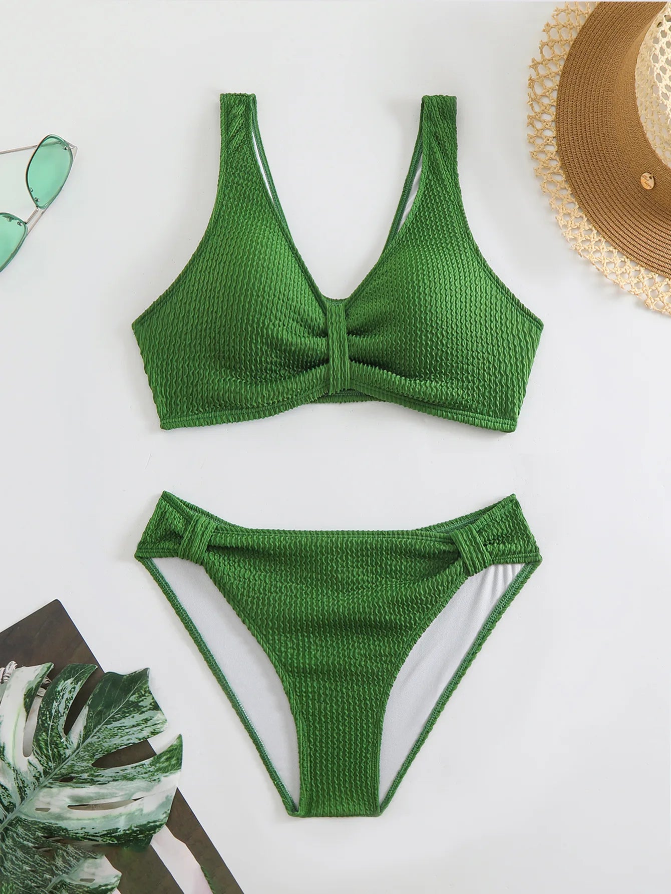 Summer Women's 2 Piece Swimsuit Solid Color High Waist Bikini Set V-neck Backless Beach Vacation Bathing Suit Swimwear