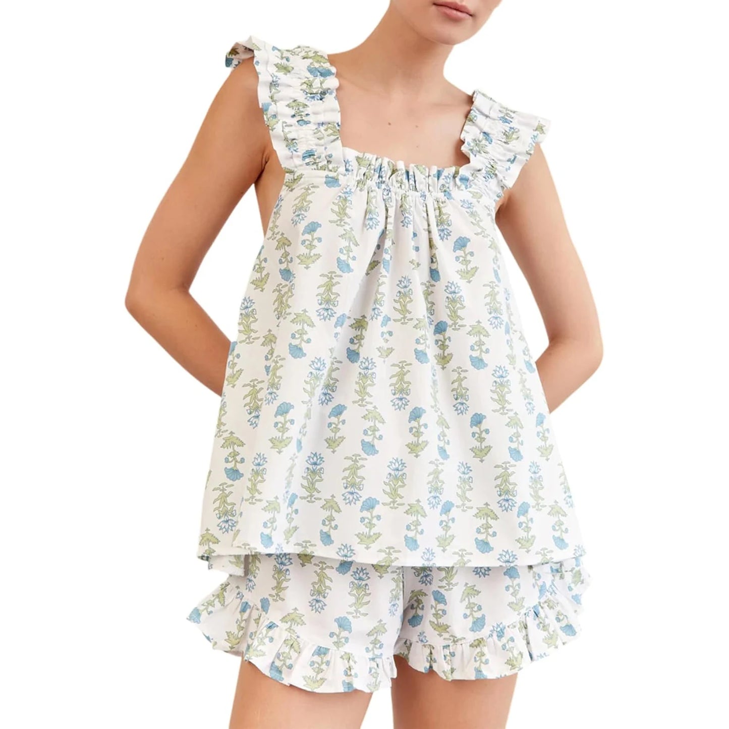 Floral Print Summer Set Square Neck Flutter Sleeve Loose  Ruffled Shorts 2-Piece Outfits