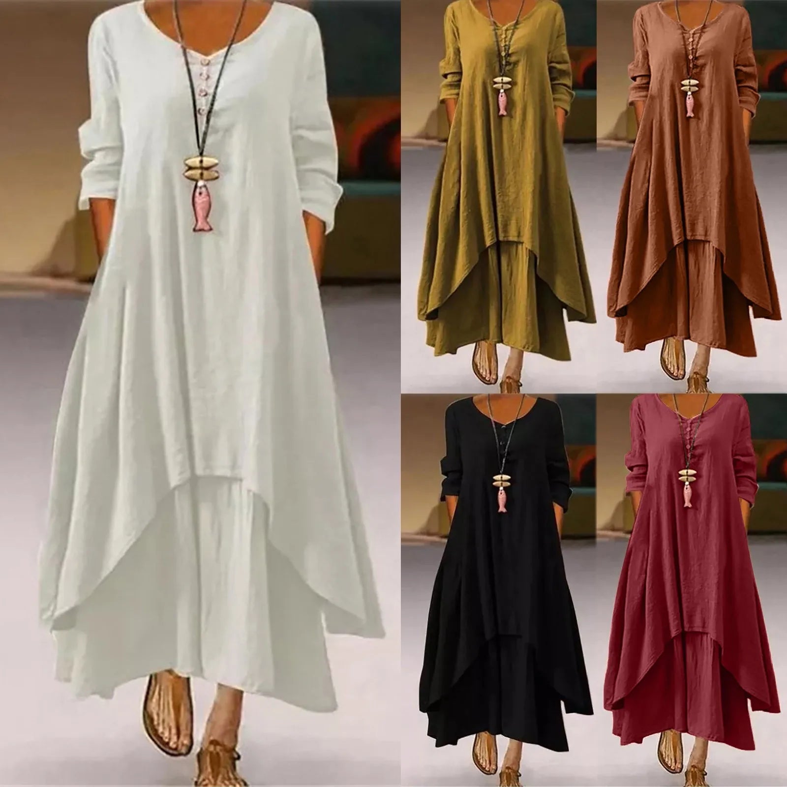 Women Elegant Linen Ginger Dresses Bohemia Layering Vintage Robe Long Sleeve Loose Long Dress