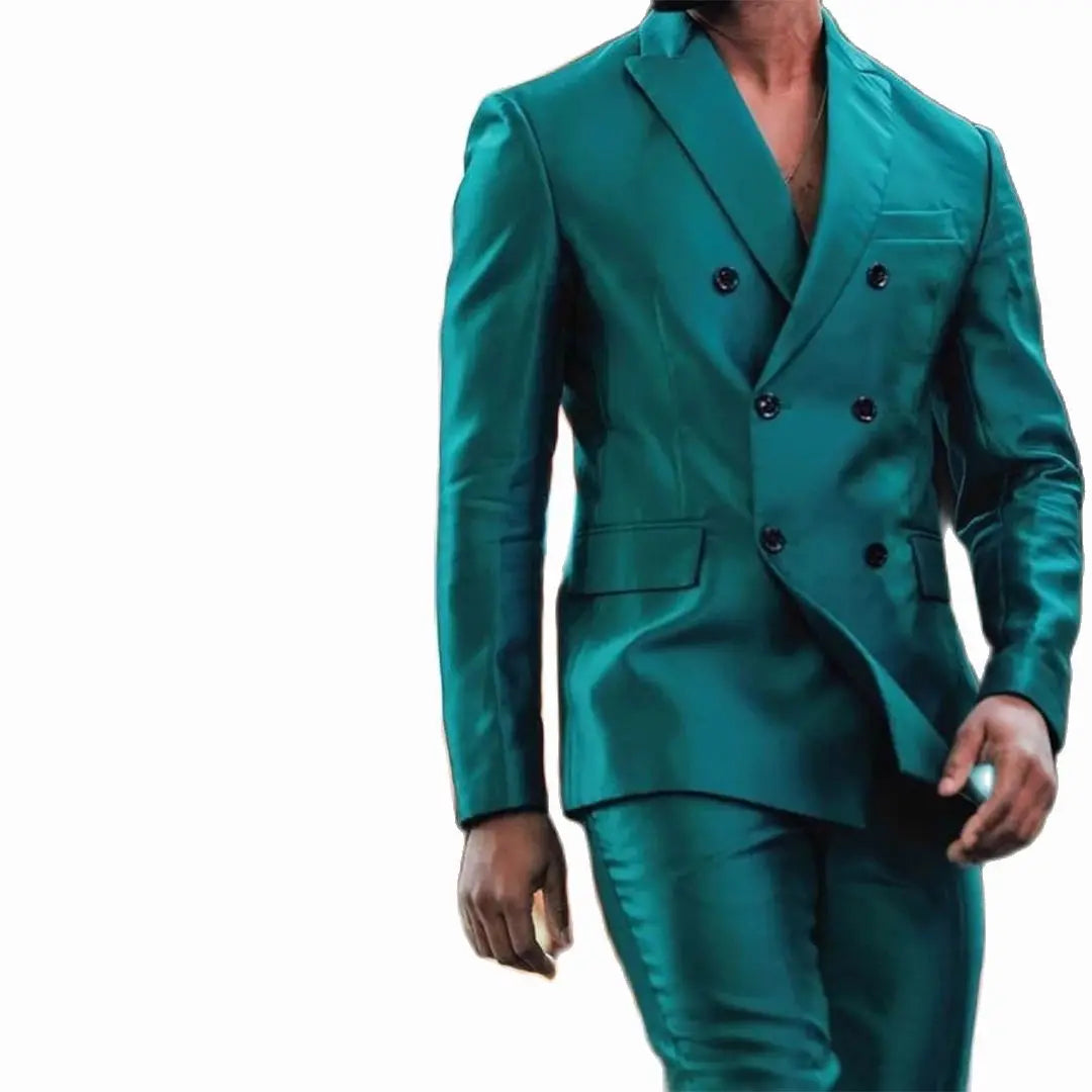 Latest Design Shiny  Jacket Pants Double Breasted Peak Lapel Men Suits Tuxedo Groom Wedding Prom Party
