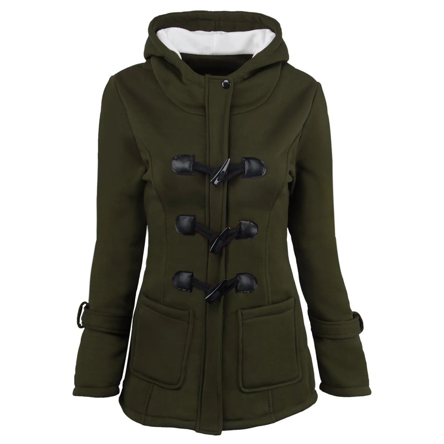 Padded Women Solid Color Hooded Overcoat  Horn Buttons Warm Cardigan Overcoat Jacket