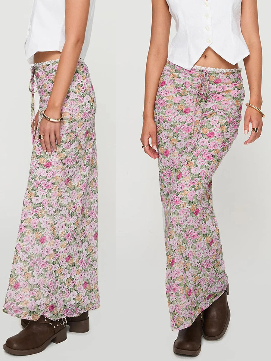 Women s Boho Maxi Skirt with Ruffle Hem and Tie Waist Elegant Floral Print Long Skirt