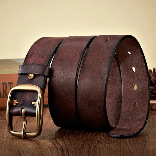 3.8CM Real Genuine Thick Leather Belt Cowhide Copper Pin Buckle Casual Retro