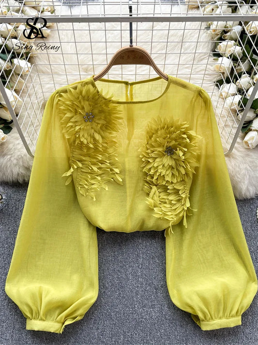 Spring Loose Satin Blouse O Neck Long Sleeves Sheer Bohemian Top