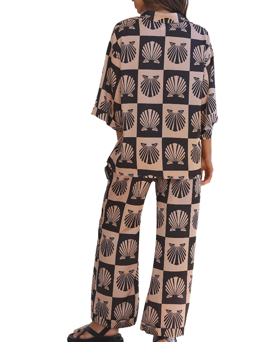 Women’s 2 Piece Pajamas Set Cute Seashell Print 3 /4 Sleeve Button Up Shirt Pants Set Loungewear