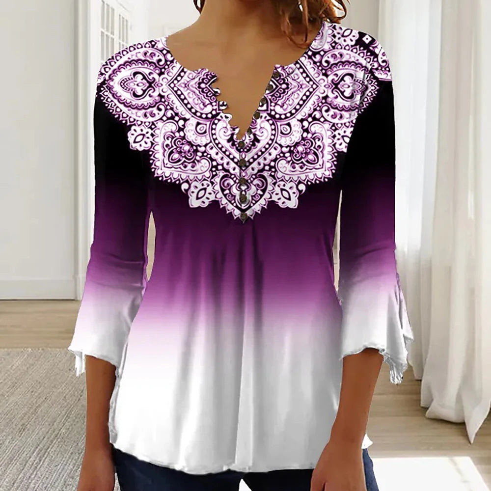 Women's V-Neck Short Sleeve Summer Button T-Shirt Street Trend Flower Geometric Print Women's Loose Casual V-Neck