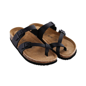 Summer Cork Sandals Women's Leather Clogs Slippers Black Classic Buckle Cork Slides
