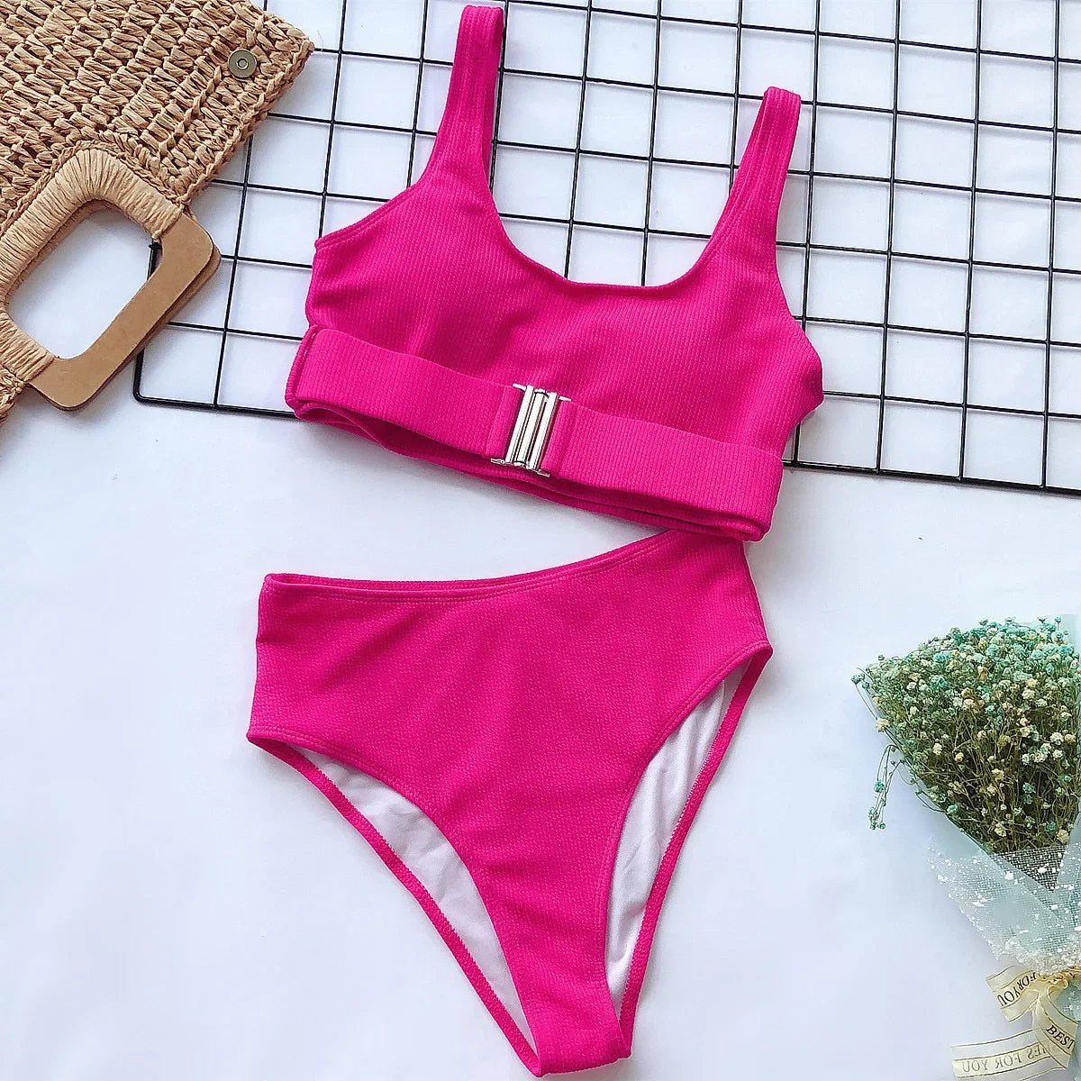 Neon Green Bikini Set  Women Buckle Push Up Swimsuit Summer Solid  Bathing Suit Beach High Waist Swimwear