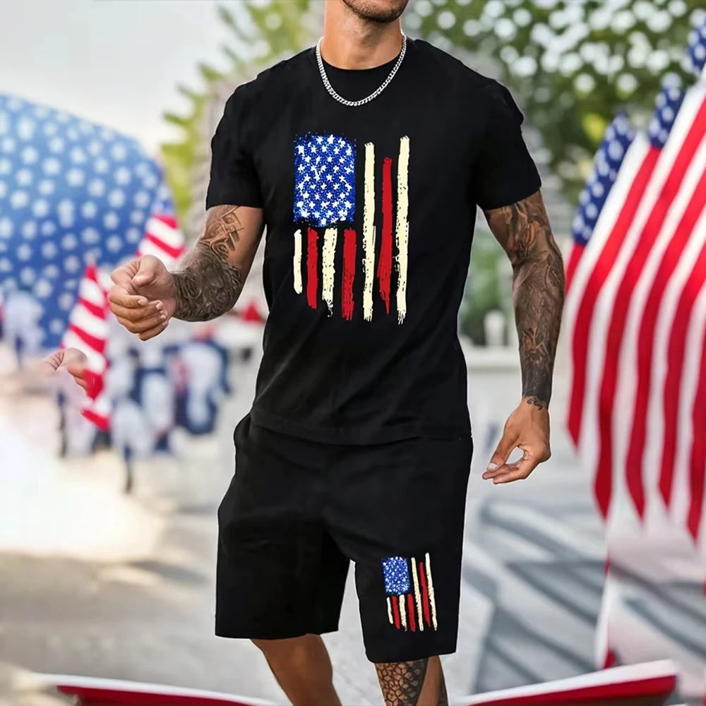 North American Fashion Men's Casual Suit with Print Pattern Short Sleeves and Shorts Sporty Breathable and Comfortable Clothing