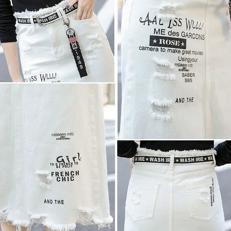 Denim Long Skirts Letter Print
