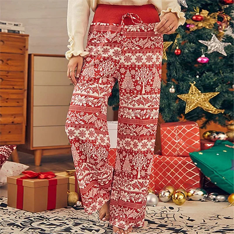 Women’s Christmas Pajama Pants Elastic High Waist Wide Leg Lounge Pants Drawstring Trousers