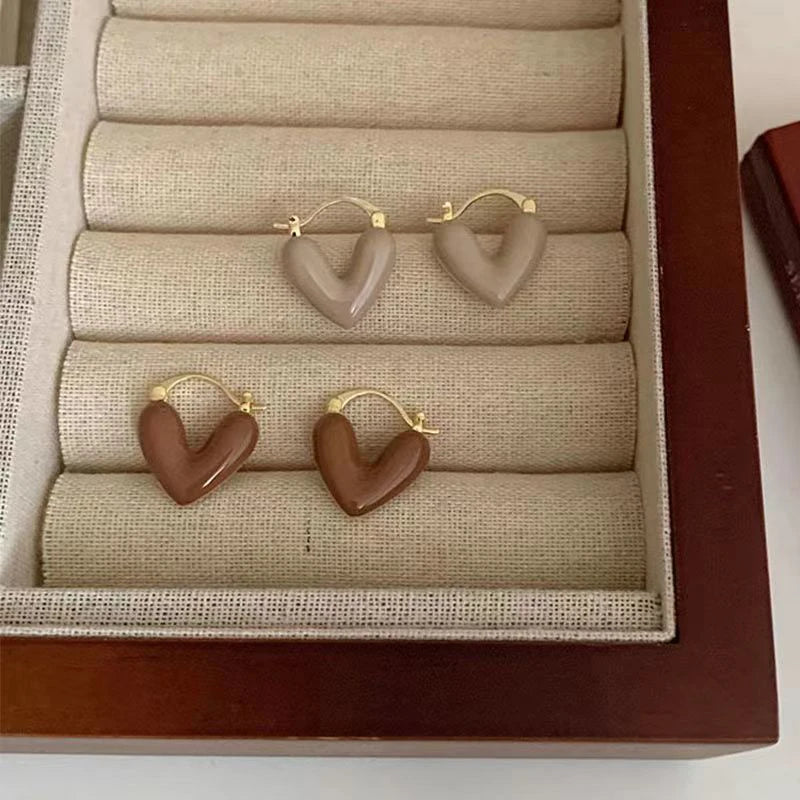 French Romantic Wine Red Enamel Heart Shaped Pendant Earrings