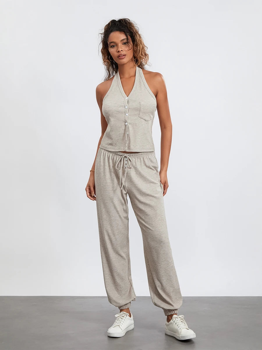 Women s 2 Piece Lounge Set Sleeveless Halter Neck Button Tops Casual Drawstring Pants Sleepwear Sets