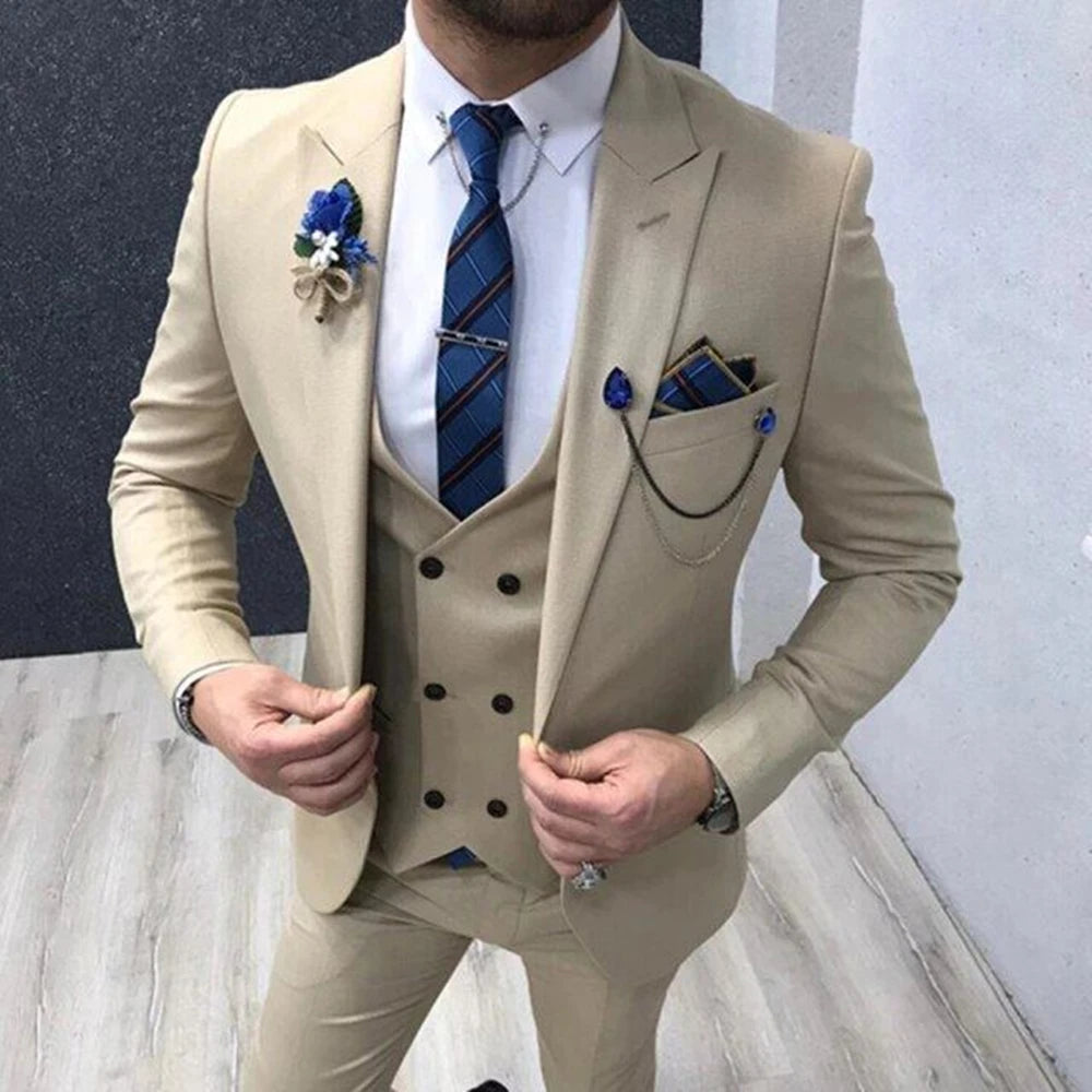 Solid Men Suits 3 Piece Formal Male Suits Fashion Clothing Set Jacket with Pants and Vest