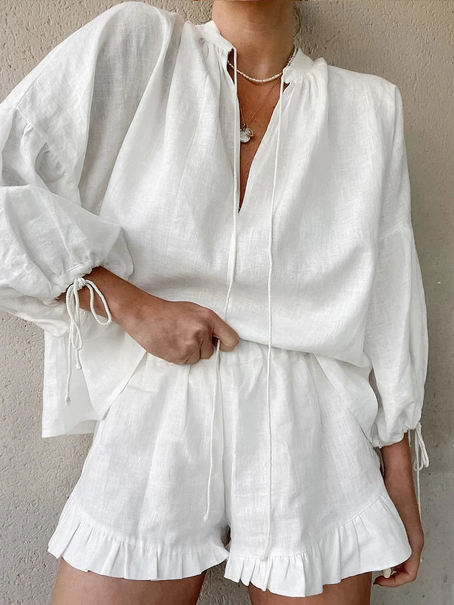 Casual Women s Summer Outfit Stylish Long Sleeve V-Neck Top with Tie-Up Detail and Elastic Waist Shorts Set for a Chic Look