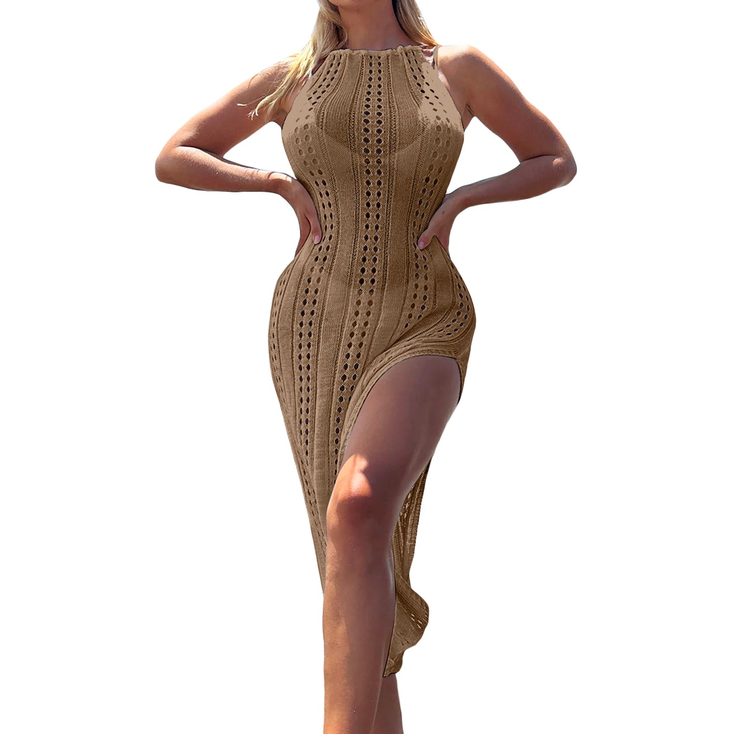 Elegant Crocheted Halter Neck Open Back Maxi Dress Sleeveless Hollow Out Slit Design