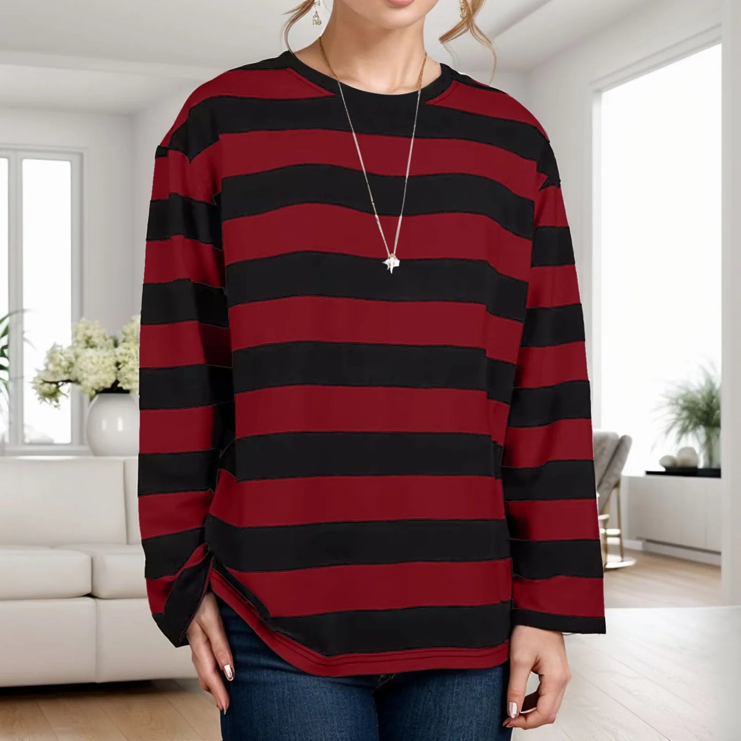 Women Striped T-shirt Long Sleeved Bottoming Shirt Women Crew Neck Loose Oversized Tops