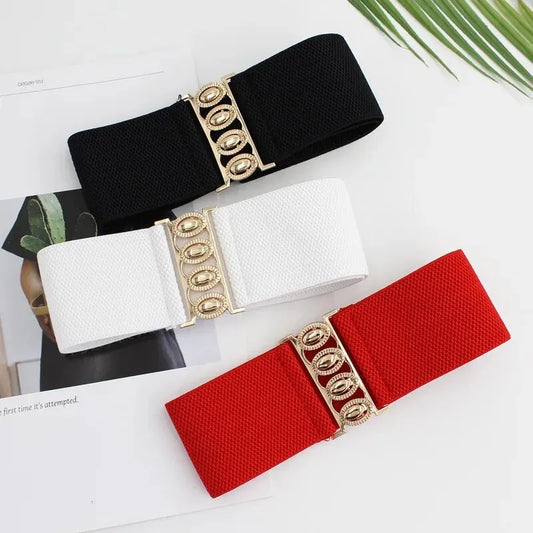 Women's Belt Fashion Elastic Waist Cover Golden Buckle Elastic Waist Closure Versatile Wide Belt