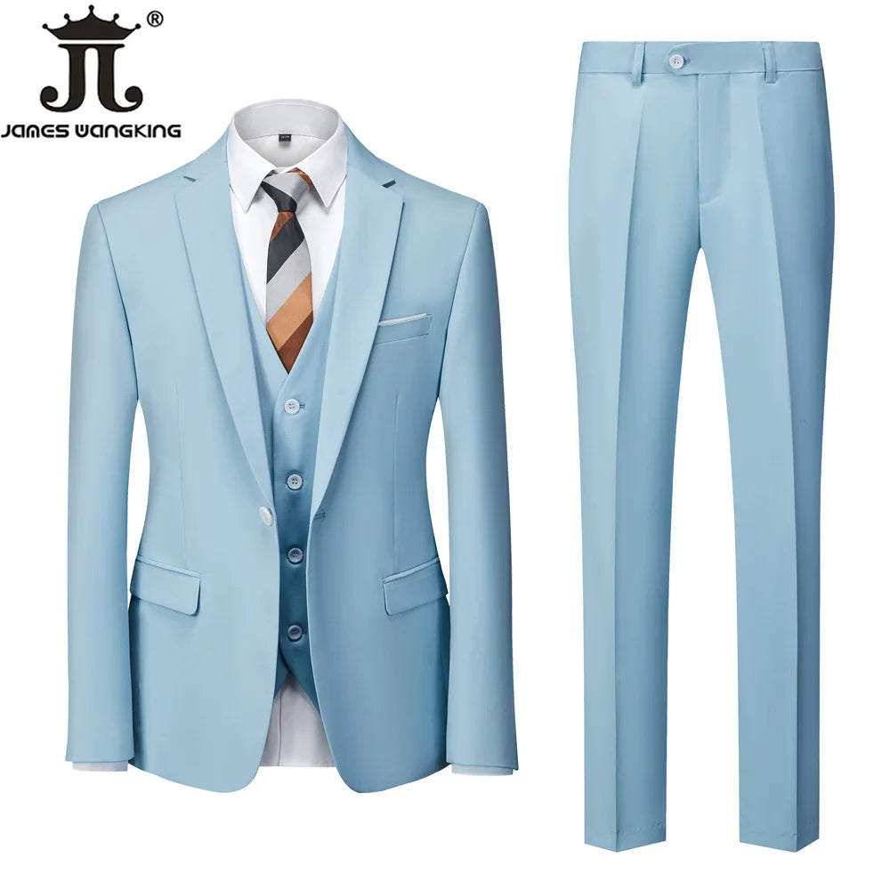 Jacket + Vest + Pants  Boutique Solid Color Men's Official Business Suit Bride's Wedding Dress Party Male Suit
