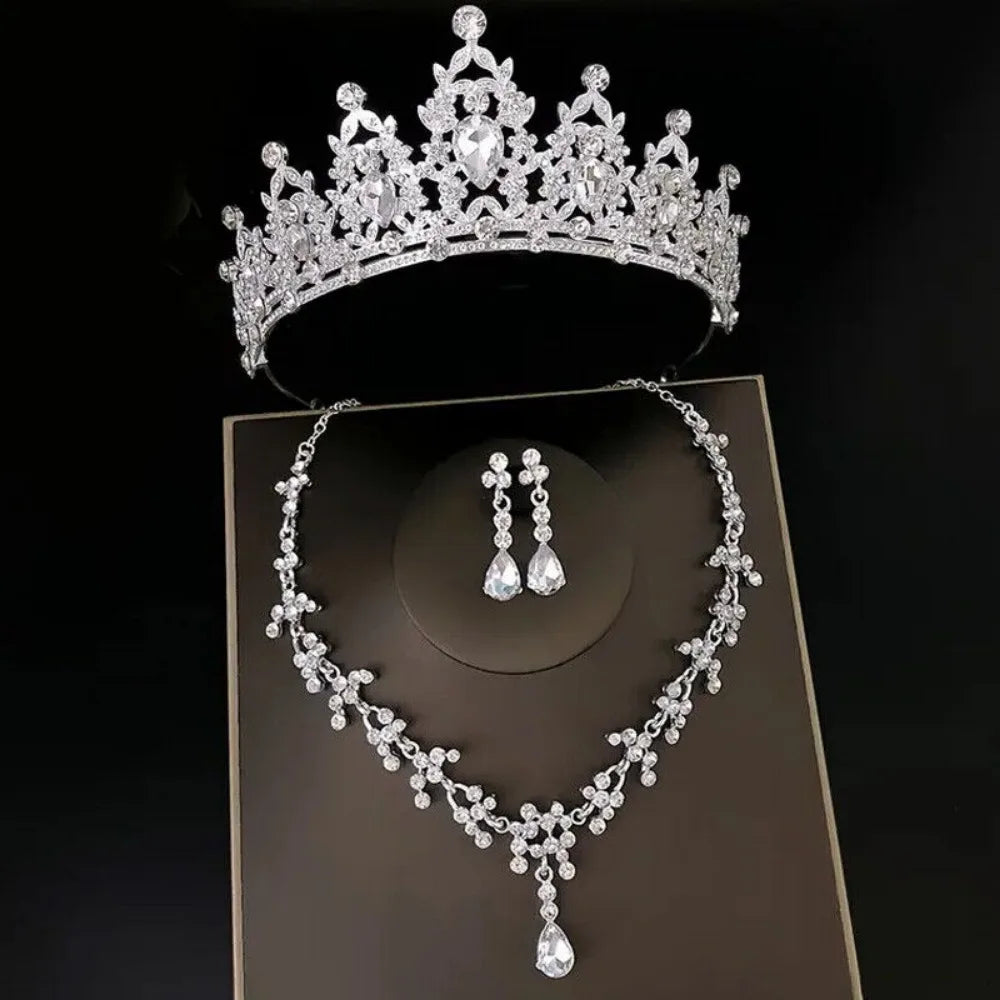 3pcs/set Crystal Bridal Tiara And Crown Earrings Necklace Jewelry Set