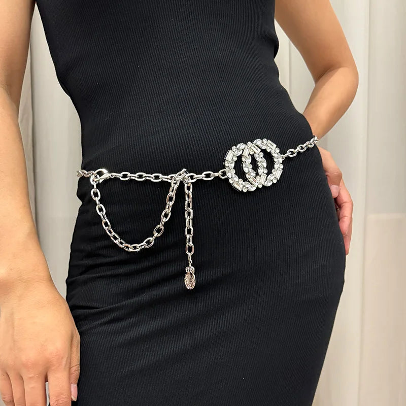 Designer Rhinestone Gold Circle Waist Chain Belt Female High-end Luxury Brands  Belts For Women Silver Waistband