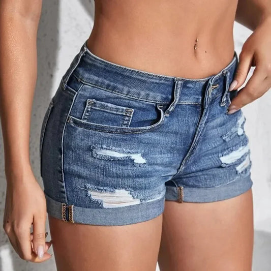 Women's Split Denim Shorts Mid Waist Curled Cuff Casual