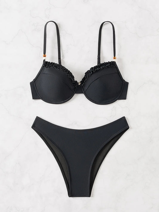 Solid Color Black 2-piece Swimsuit for Women V-neck Ruffle Suspender Backless Bikini Set High Waist