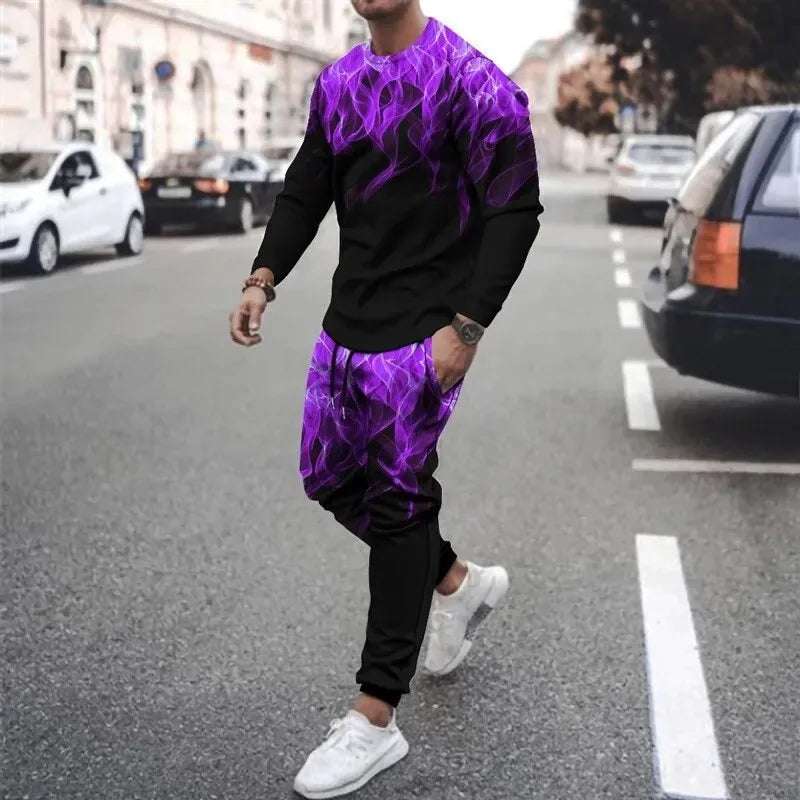 Men's 3D printed sweatshirt set Colorful Flame cap sweatshirt Sweatshirt sweatpants crew neck sportswear