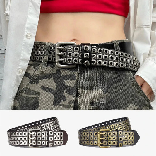 3.8cm Width PU Leather Belt With Metal Rivet Design 3 Pin Buckles Waistband Goth Belt