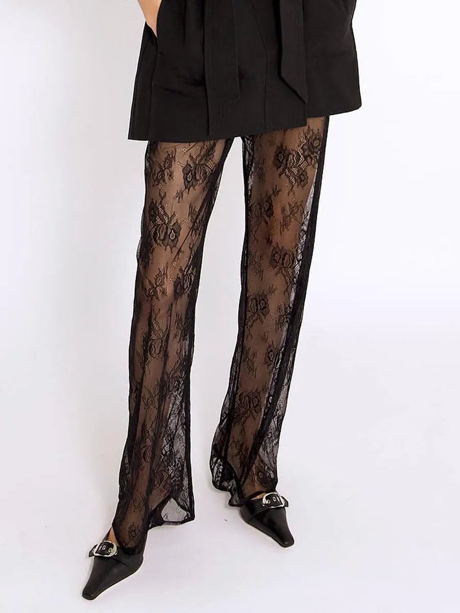 Women s Lace Pants Floral Pattern Sheer High Waist Wide Leg Trousers Elegant Casual Bottoms for Summer Beach Party Wear