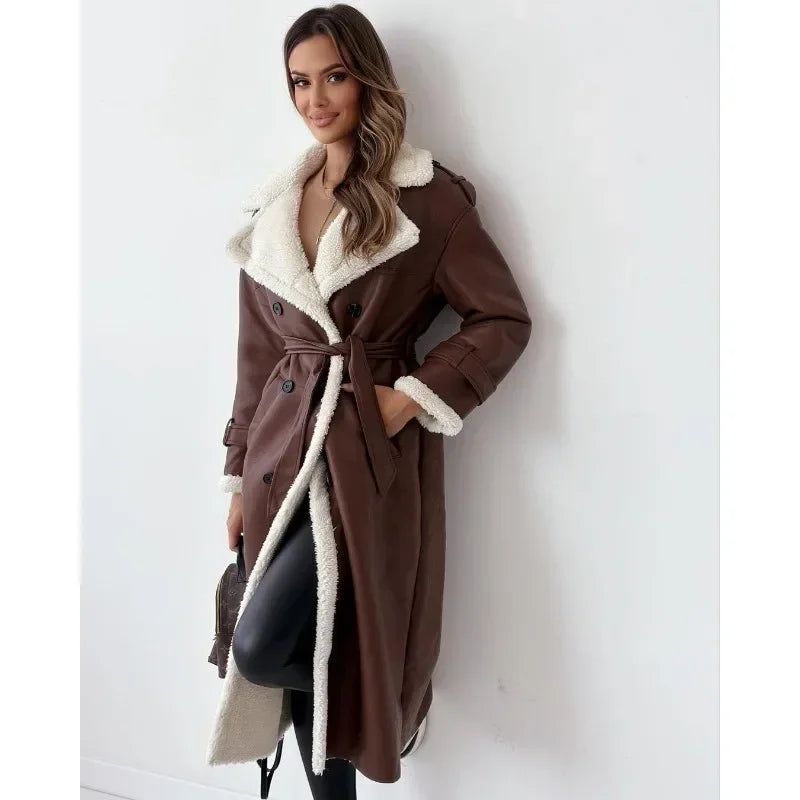 Faux Fur Thick Warm Jacket Ladies Long Sleeved Lapel Collar Elegant Soft Coat