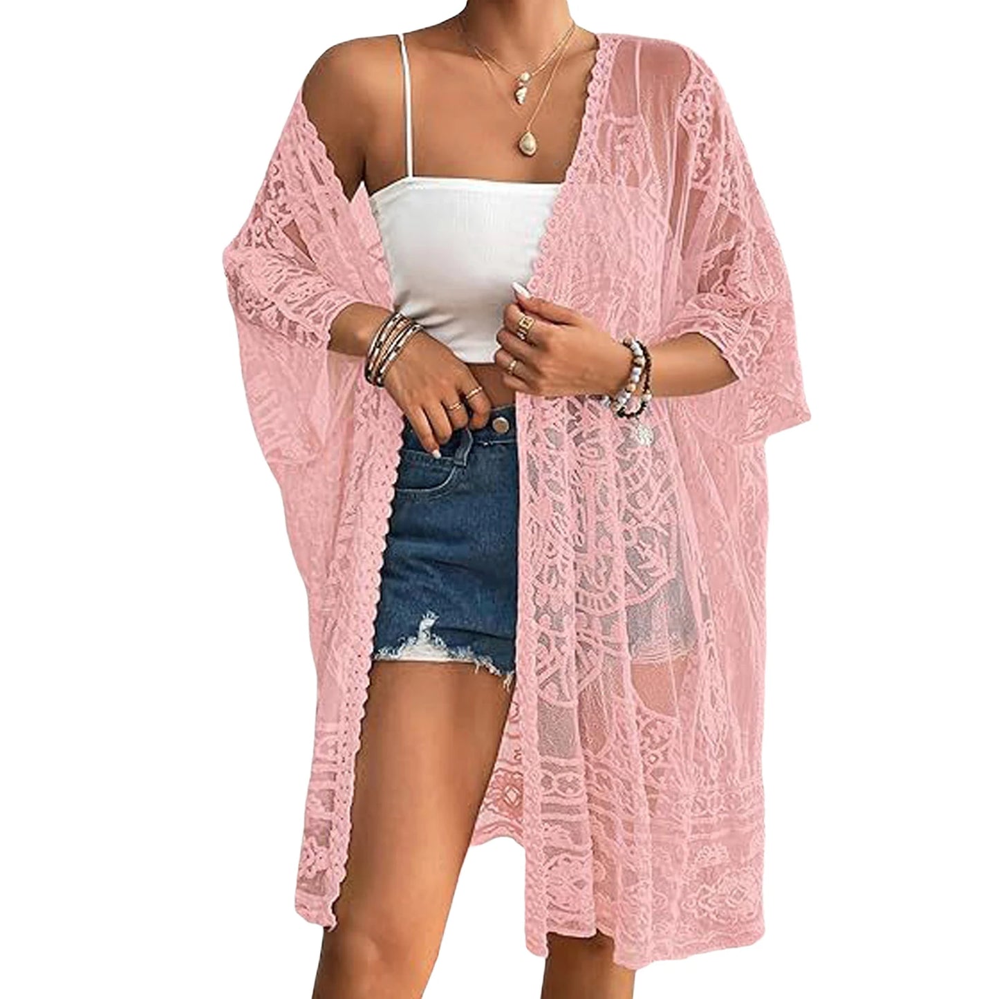 Women s Floral Lace Kimono Cardigan with 3 4 Sleeves and Open Front Sheer Mesh  Bikini Cover-Up