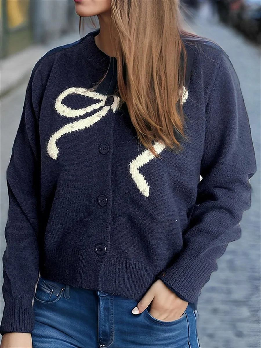 Elegant O-Neck Cardigans with Bow Embroidery and Puff Sleeves Stylish Lightweight Knitwear for Chic Street Style