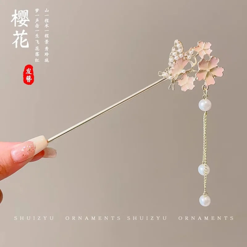 Elegant Chinese Style Hair Accessory Romantic Enameled Flower Tassel Hair Pin Alloy Jewelry Hairpin For Women Fashion Hairpin