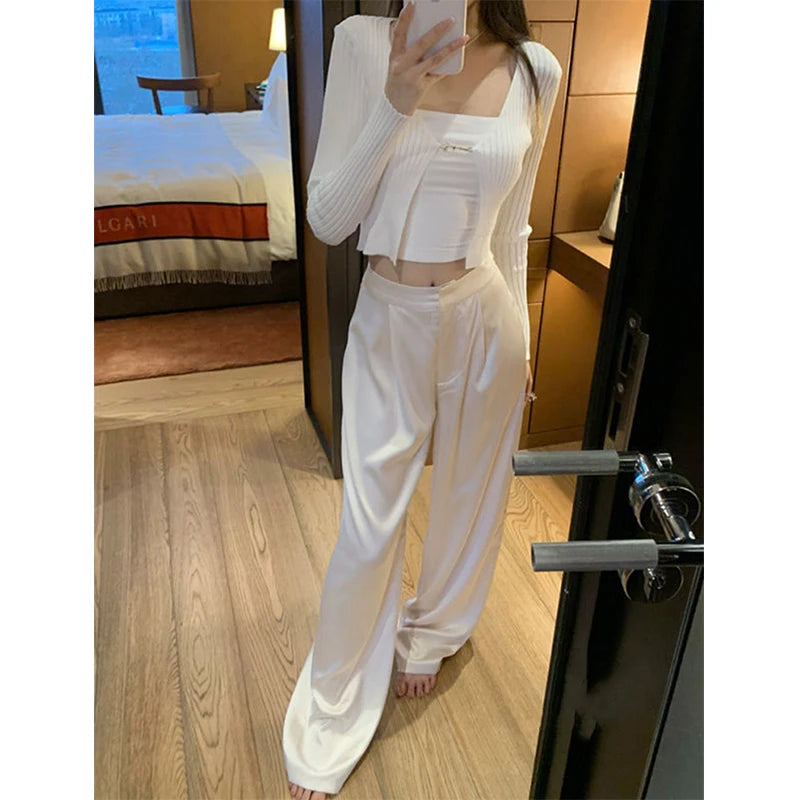 Satin Wide Leg  High Waist   Baggy Straight Trousers