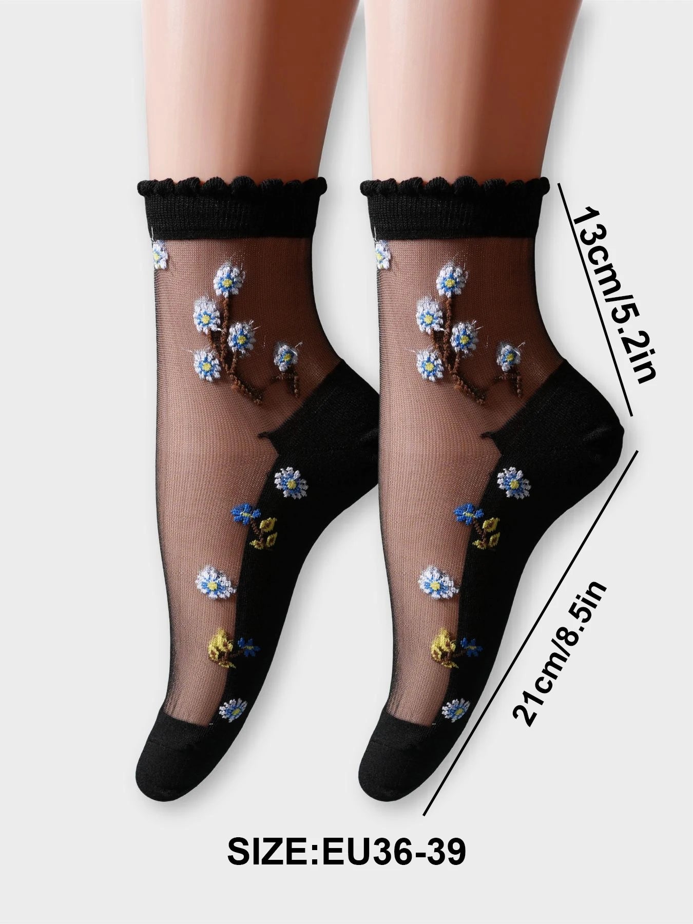 5 Pairs Mesh Floral Print Mid Calf Socks Crystal Glass Short Thin Socks Women's Stockings Hosiery