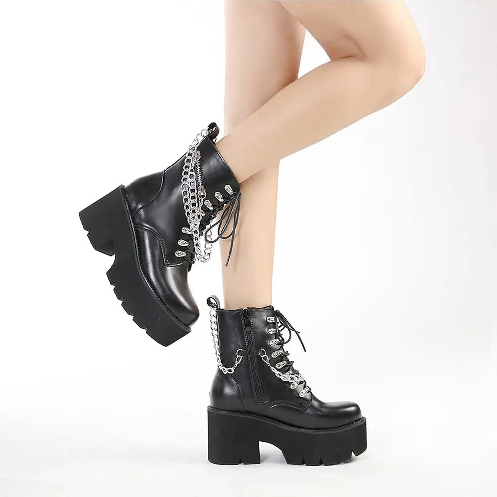 Gothic Ankle Boots Platform Chunky Heel Chain Punk Fight Biker Boots