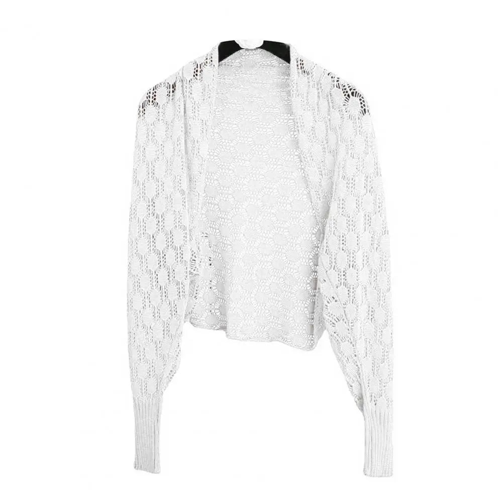 Women Shawl Long Sleeve Soft Fabric Cardigan Open Stitch  Solid Color See-through Hollow Out